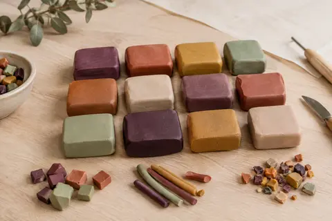 Douze pains de pâte polymère de différentes teintes disposés sur une table d’atelier en bois clair.