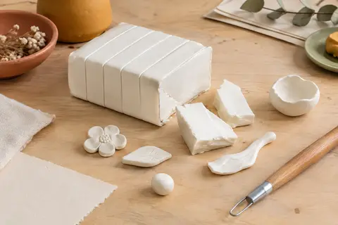 Bloc blanc de pâte polymère divisé en portions, posé avec quelques pièces modelées sur une table d’atelier claire.