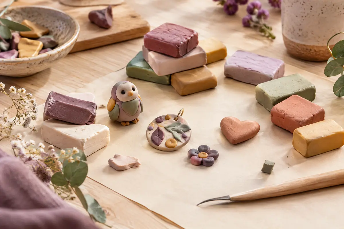Blocs de pâte polymère pastel et petites formes modelées disposés sur une table d’atelier claire.