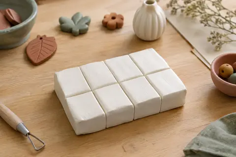 Bloc de pâte polymère blanche divisé en huit portions sur une table d’atelier en bois clair