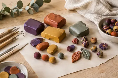 Portions de pâte polymère colorée et petits éléments modelés disposés sur une table d’atelier claire