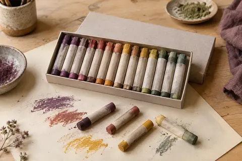 Étui ouvert de 16 pastels à l’huile assortis posé sur du papier crème et une table en bois clair.