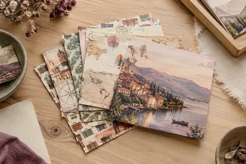Feuilles carrées de scrapbooking à motifs de voyage, superposées sur une table d’atelier en bois clair.