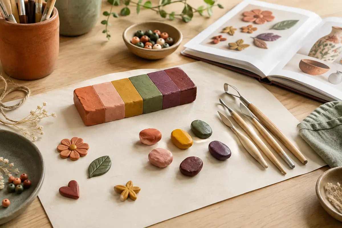 Pâte autodurcissante multicolore avec outils de modelage et livret de tutoriels sur une table en bois clair.
