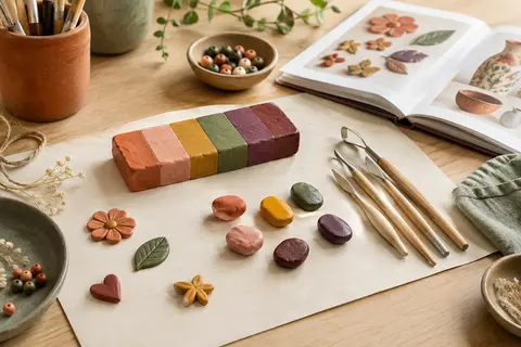 Pâte autodurcissante multicolore avec outils de modelage et livret de tutoriels sur une table en bois clair.