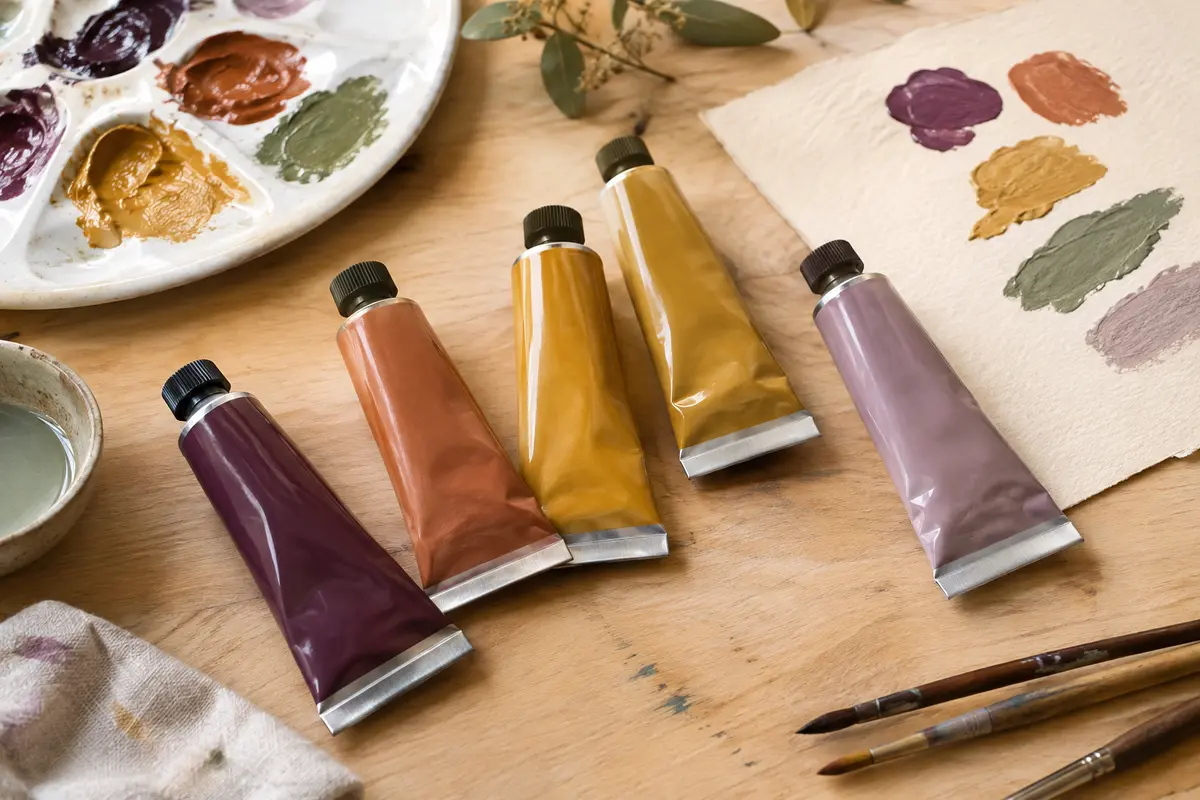 Cinq tubes de gouache aux couleurs variées disposés sur une table d’atelier en bois clair avec une palette.