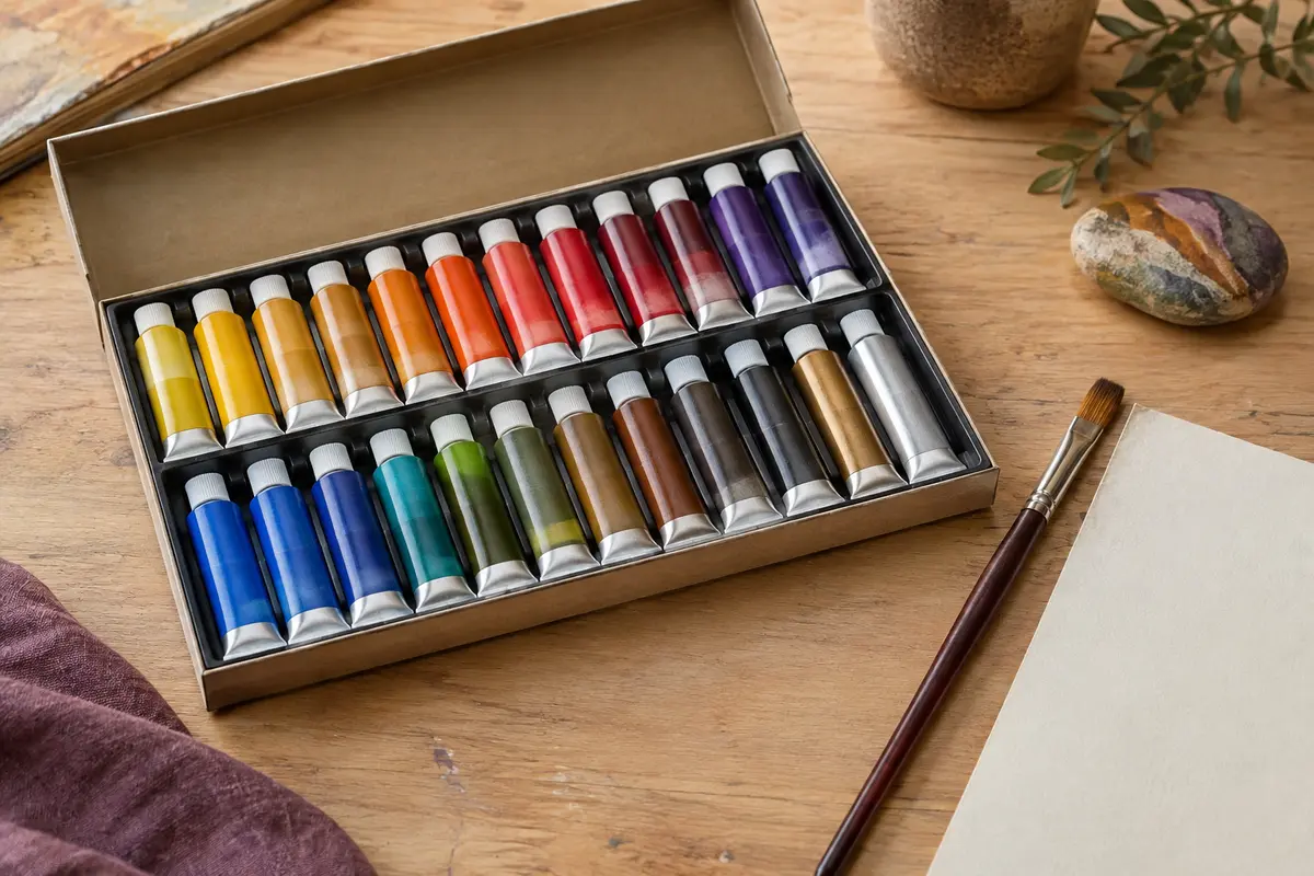 Coffret de tubes de peinture acrylique aux teintes vives et métalliques avec un pinceau sur une table d’atelier