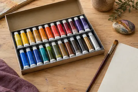 Coffret de tubes de peinture acrylique aux teintes vives et métalliques avec un pinceau sur une table d’atelier