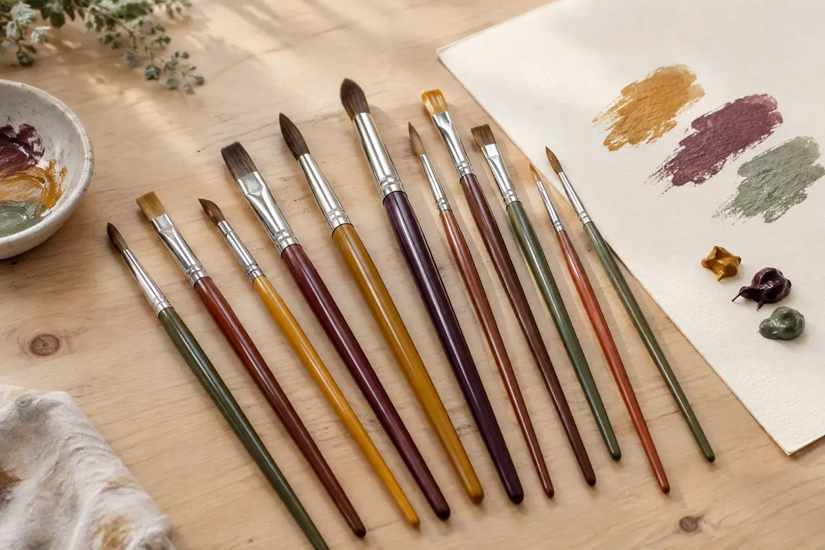 Douze pinceaux ronds et plats à manches colorés disposés sur une table d’atelier en bois clair.