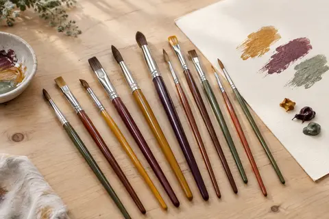 Douze pinceaux ronds et plats à manches colorés disposés sur une table d’atelier en bois clair.