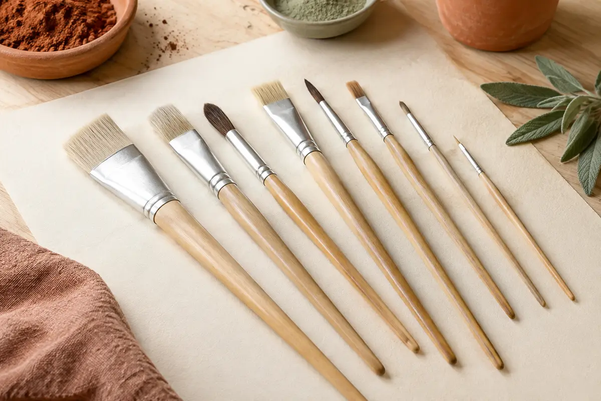 Huit pinceaux de peinture TSI à manches en bois naturel et viroles en aluminium posés sur une table claire.