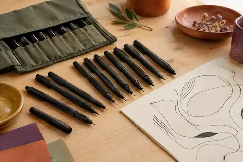 Lot de stylos de dessin noirs à pointes variées, rangés dans leur pochette sur une table d’atelier