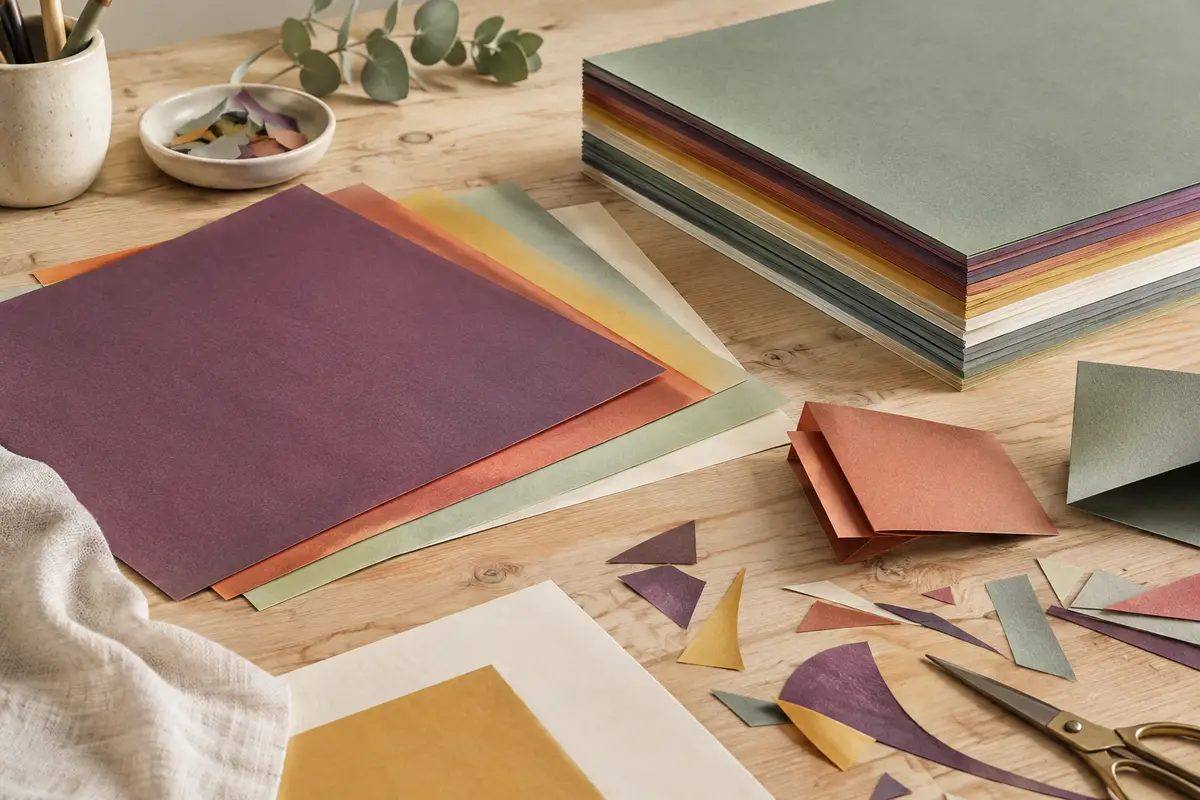 Feuilles de papier A4 mat en plusieurs couleurs, empilées et découpées sur une table d’atelier claire.