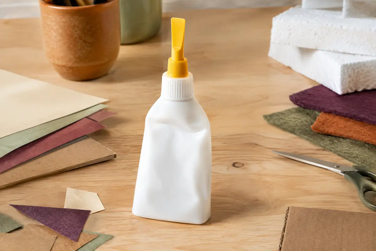 Flacon souple de colle vinylique avec spatule jaune, entouré de papier, carton et matériaux créatifs.