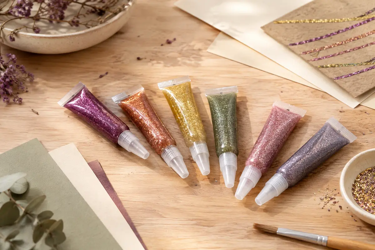 Six tubes de colle pailletée multicolore disposés sur une table d’atelier en bois clair.