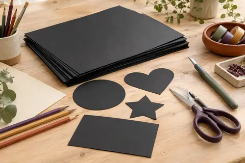 Pile de carton noir mat A4 avec des formes découpées, posée sur une table d’atelier en bois clair.