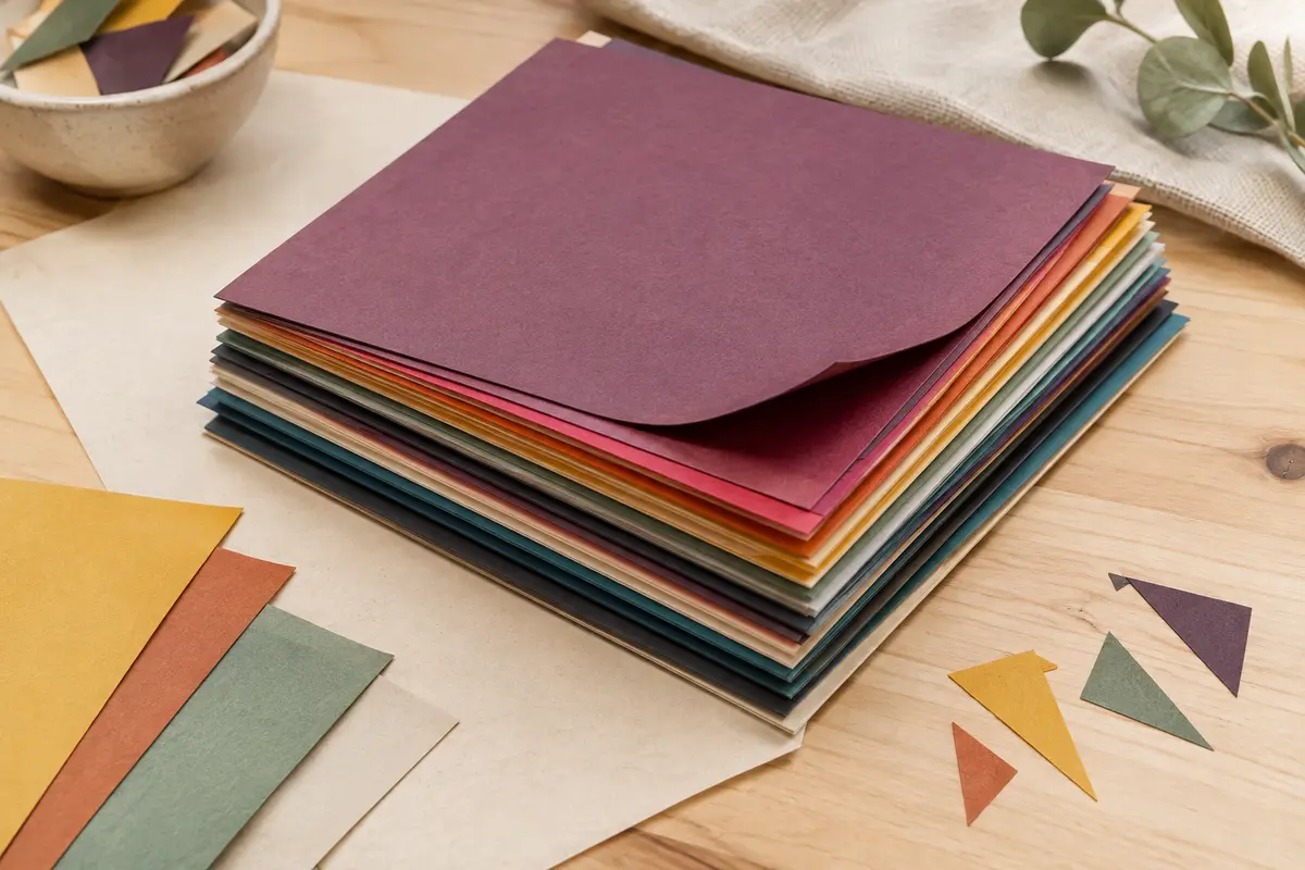Lot de feuilles carrées de papier cartonné multicolore empilées sur une table d’atelier en bois clair.