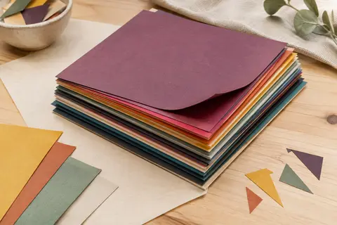 Lot de feuilles carrées de papier cartonné multicolore empilées sur une table d’atelier en bois clair.