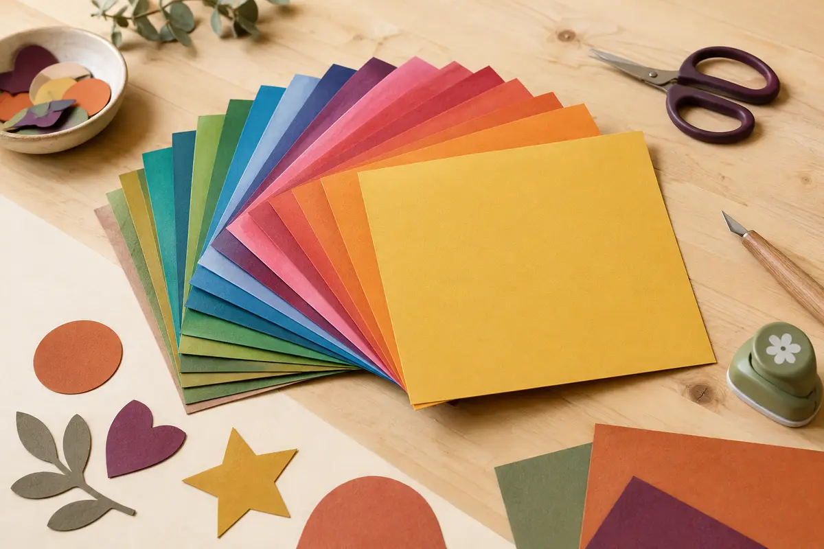 Feuilles de papier cartonné colorées disposées en éventail sur une table d’atelier claire
