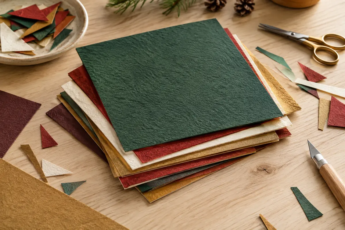 Feuilles de papier cartonné texturé aux couleurs festives, superposées sur une table d’atelier en bois clair.