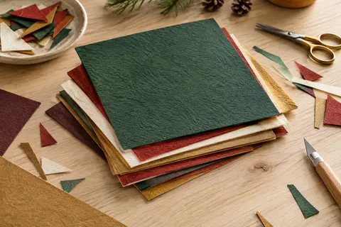 Feuilles de papier cartonné texturé aux couleurs festives, superposées sur une table d’atelier en bois clair.