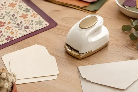 Perforatrice papier blanc et or posée sur une table d’atelier avec des cartes et du papier crème