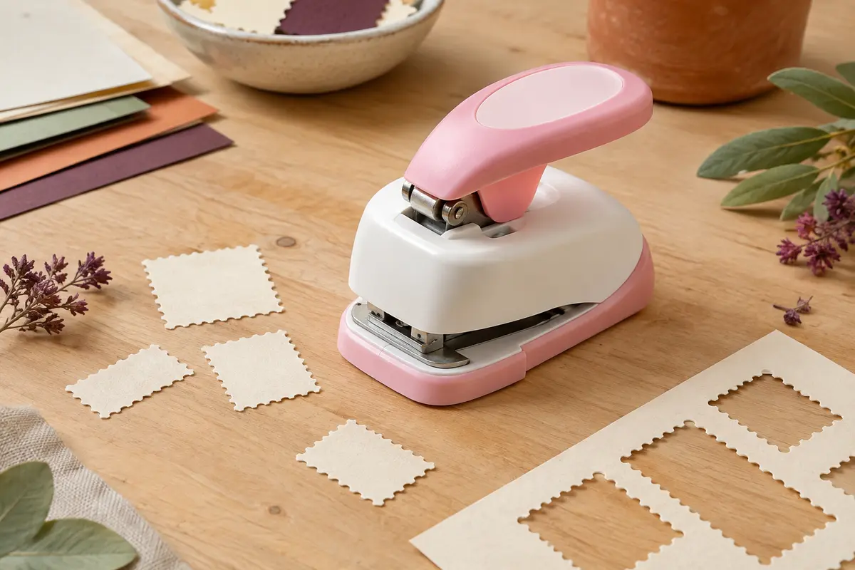 Perforatrice blanche et rose à levier posée près de découpes papier en forme de timbre