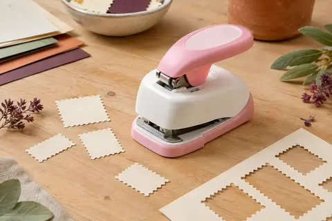 Perforatrice blanche et rose à levier posée près de découpes papier en forme de timbre