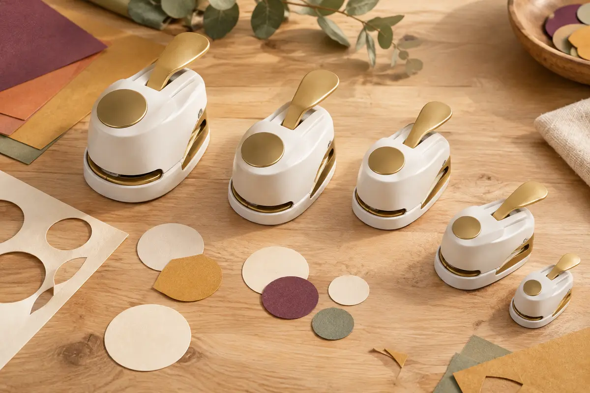 Cinq perforatrices à cercles blanches et dorées avec des découpes de papier sur une table d’atelier en bois clair