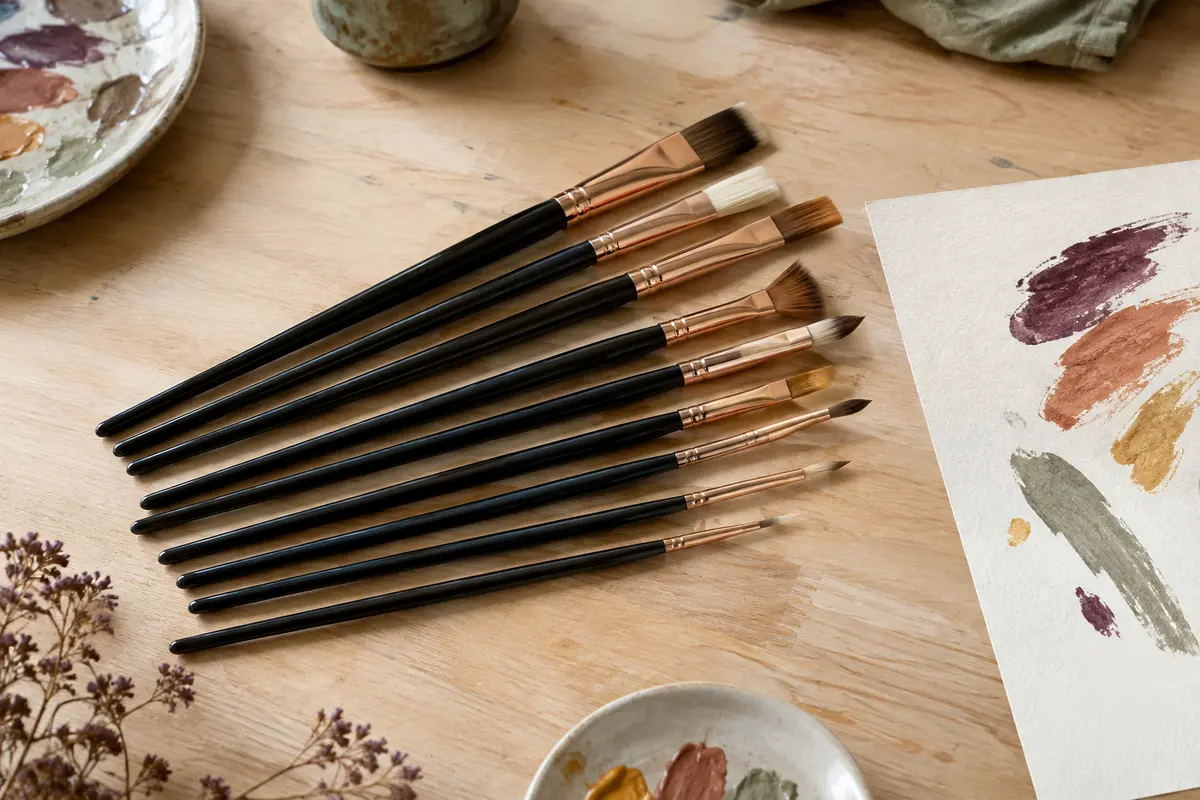 Lot de pinceaux de peinture noirs en nylon, disposés sur une table claire avec du papier et des touches de couleur.