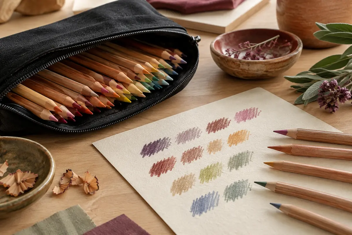 Crayons de couleur multicolores prétaillés disposés dans une trousse noire zippée sur une table claire.