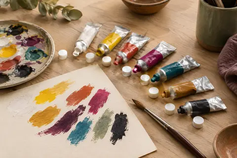 Set de tubes de gouache avec palette et pinceau sur une table d’atelier en bois clair