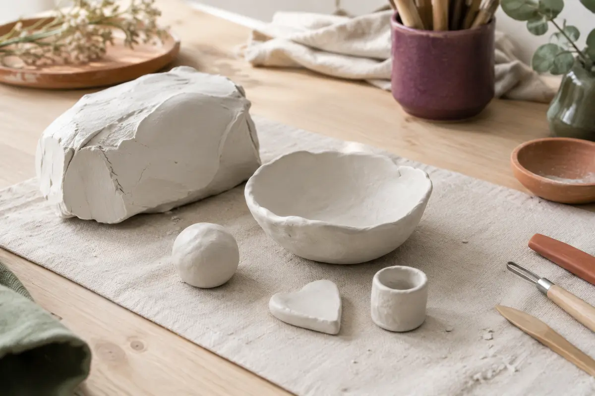 Pain d’argile blanche à modeler avec un bol décoratif et des outils sur une table d’atelier
