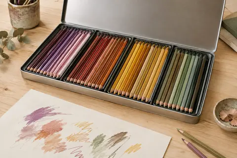 Crayons de couleur assortis rangés par familles dans un étui métallique ouvert sur une table claire