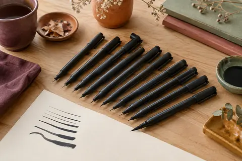 Douze feutres de dessin noirs aux pointes variées disposés sur une feuille crème et une table en bois clair.