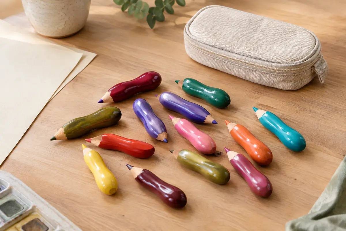 Douze crayons de couleur en forme de cacahuète et leur étui posés sur une table en bois clair.