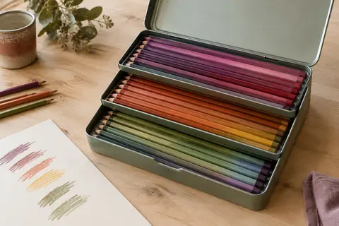 Boîte métallique ouverte de crayons de couleur multicolores rangés par familles sur une table en bois clair.