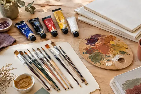 Kit de peinture acrylique avec tubes colorés, pinceaux, palette et toiles cartonnées sur une table d’atelier