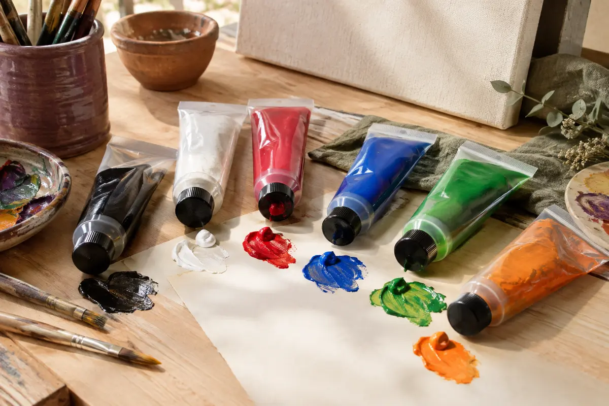 Tubes de peinture acrylique aux couleurs variées disposés sur une table d’atelier en bois clair.