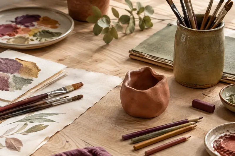Fournitures de dessin, peinture, papier et modelage présentées sur une table d’atelier.
