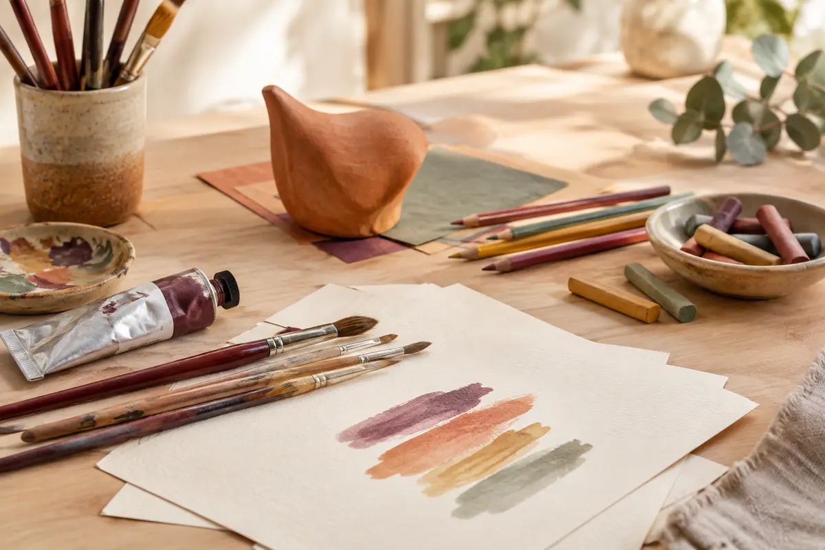 Pinceaux, crayons, papier et matière à modeler réunis autour des pratiques créatives.